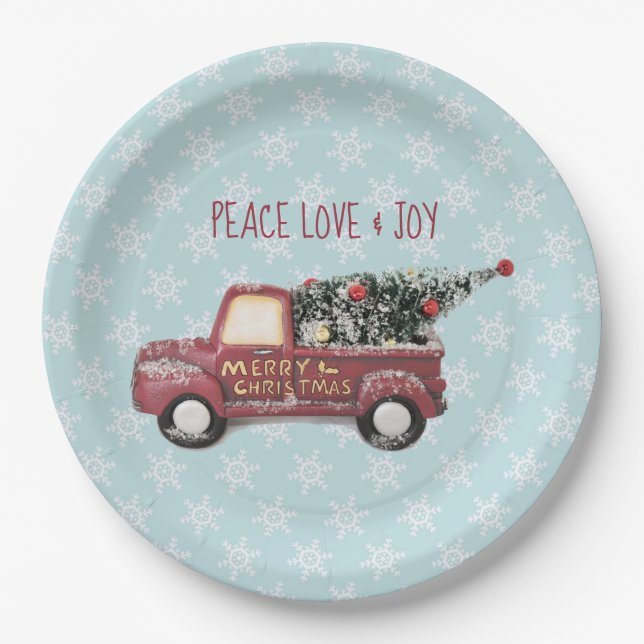 Peace Liebe & Joy Toy Truck Frohe Weihnachten Pappteller (Vorderseite)