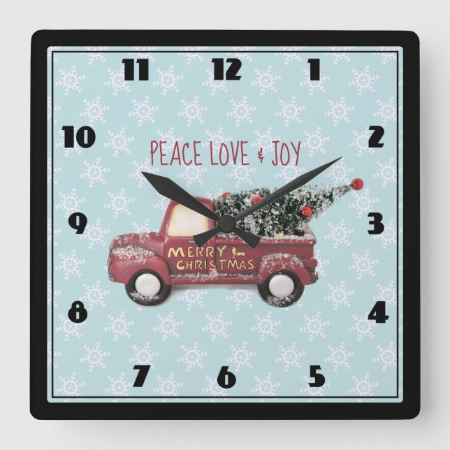 Peace Liebe & Joy Toy Truck Frohe Weihnachten Quadratische Wanduhr (Vorderseite)
