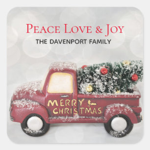 Peace Liebe & Joy Toy Truck Frohe Weihnachten Quadratischer Aufkleber