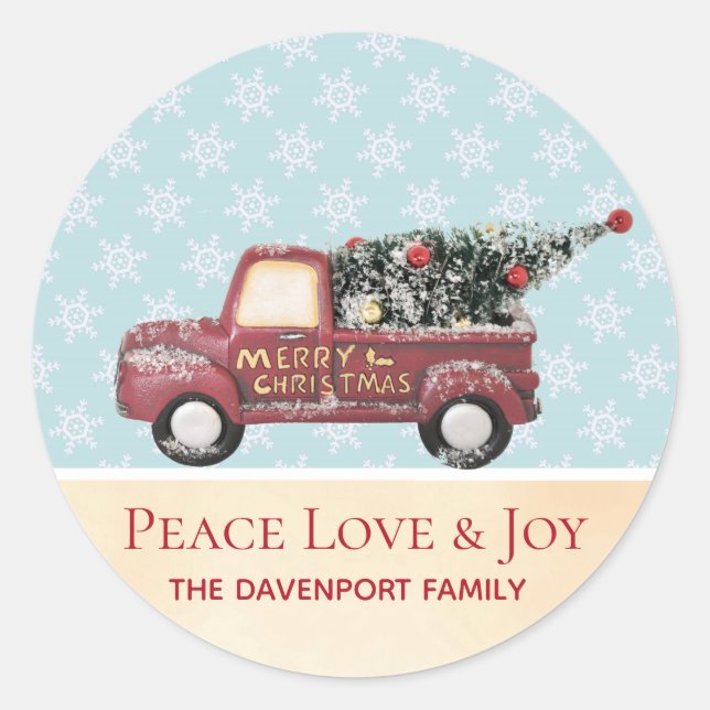 Peace Liebe & Joy Toy Truck Frohe Weihnachten Runder Aufkleber (Vorderseite)