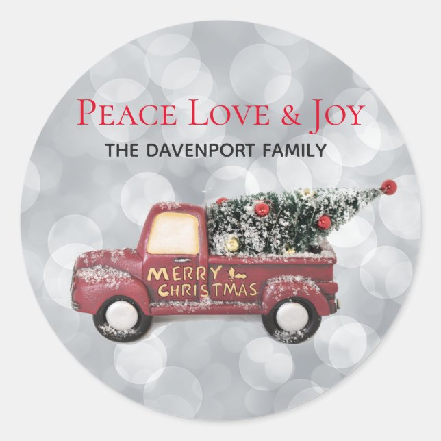 Peace Liebe & Joy Toy Truck Frohe Weihnachten Runder Aufkleber (Vorderseite)