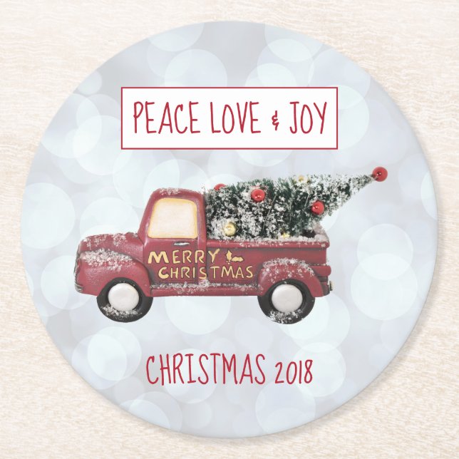 Peace Liebe & Joy Toy Truck Frohe Weihnachten Runder Pappuntersetzer (Vorderseite)