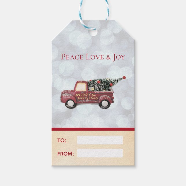 Peace Liebe & Joy with Red Toy Truck Weihnachten Geschenkanhänger (Vorderseite)