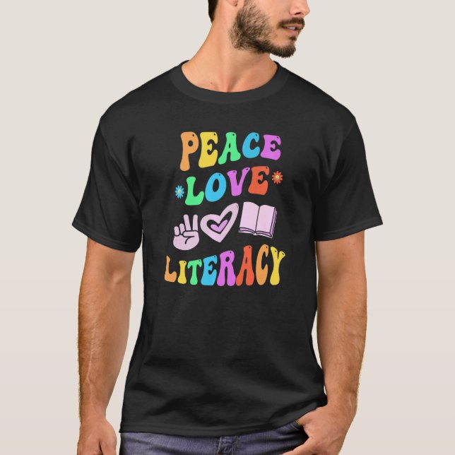 PEACE LIEBE LITERACY Retro Leser Groovy B T-Shirt (Vorderseite)