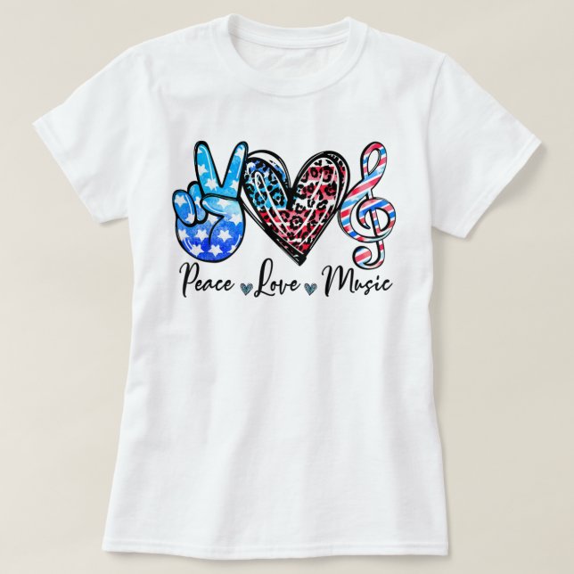 Peace Liebe Music US Flag 4. Juli Musiklehrer T-Shirt (Design vorne)