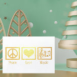 Peace Liebe Music - Wunderschöner Musiker Gold Folienkarte<br><div class="desc">Diese wunderschöne Weihnachtskarte des Musikers zeichnet sich durch ein friedliches Zeichen,  ein Herz und den Klettverschluss auf einer Musikskala in eleganter Goldfolie aus. Passen Sie das Innere für Ihre musikalischen Freunde an. Tolle Karten für Chor oder Band Regisseur,  Chorsänger oder andere musikalisch geneigte Leute in diesem Urlaub.</div>
