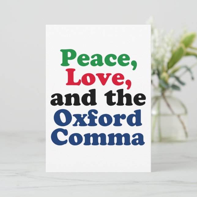 Peace Liebe Oxford Comma English Grammar Spaß Karte (Stehend Vorderseite)