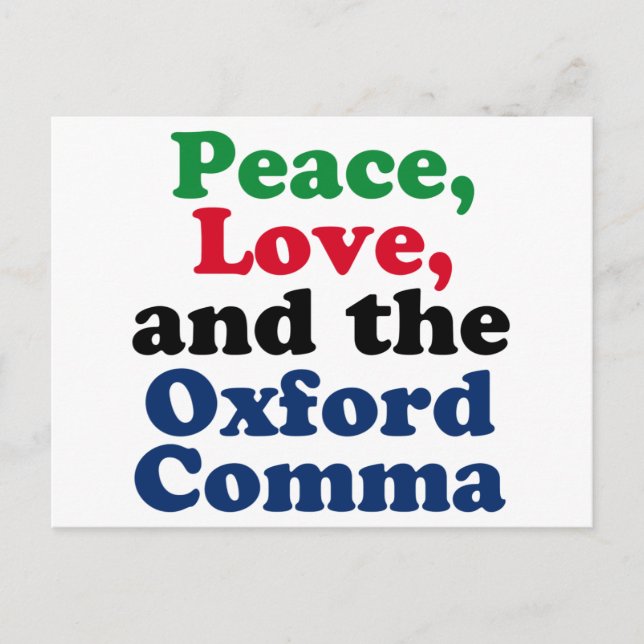 Peace Liebe Oxford Comma English Grammar Spaß Postkarte (Vorderseite)