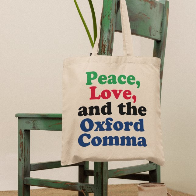 Peace Liebe Oxford Comma Funny Grammar Tragetasche (Von Creator hochgeladen)