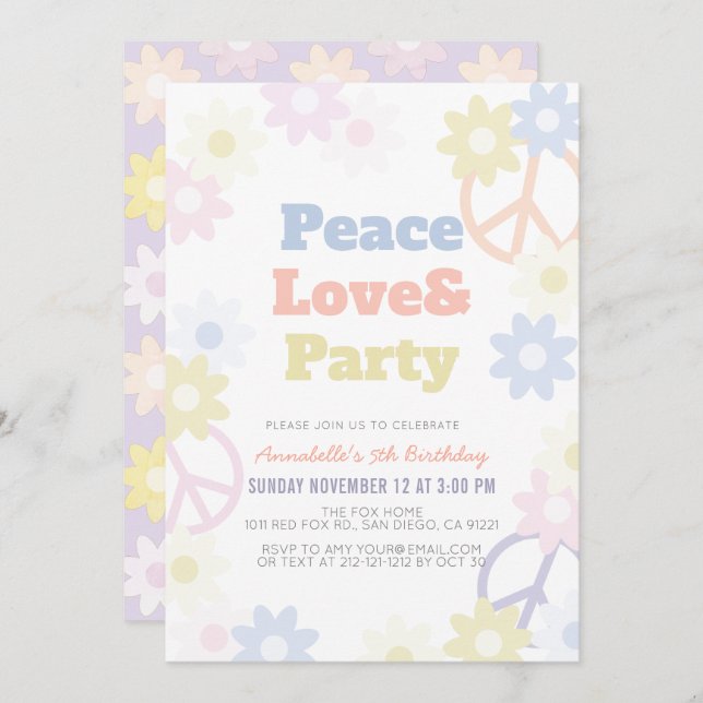 Peace Liebe & Party Girl zum Geburtstag Einladung (Vorne/Hinten)