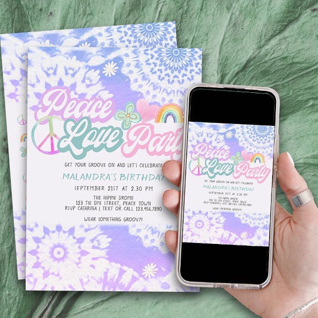 Peace Liebe Party Groovy Pastel Gefärbte Krawatte  Einladung (Peace Love Party invitation with groovy tie dye mandalas and flower power icons)