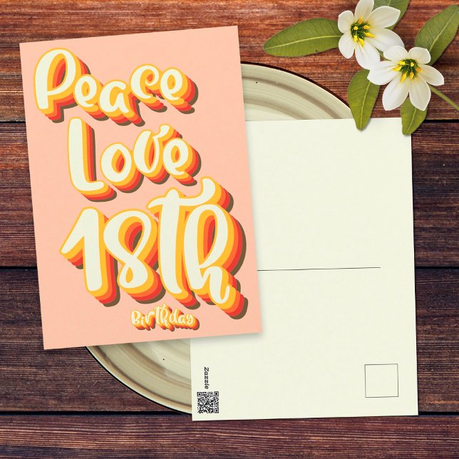 Peace Liebe Peach Retro Groovy 18. Happy Birthday Postkarte (Front and Back)