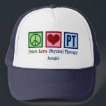 Peace Liebe Physikalische Therapie Personalisiert  Truckerkappe<br><div class="desc">Dieser niedliche,  maßgeschneiderte Physiotherapeut verfügt über ein hübsches Friedenszeichen,  Herz und Buchstaben PT. Eine wunderschöne,  personalisierte Physiotherapie. Peace Liebe Physical Therapy Cap.</div>