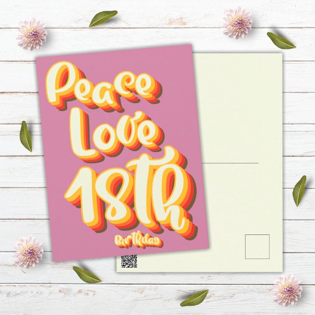 Peace Liebe Pink Retro Groovy 18. Glückwunsch zum  Postkarte (Front and Back)