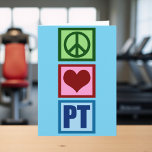 Peace Liebe PT Physikalische Therapie Feiertagskarte<br><div class="desc">Ein niedliches Weihnachtsgeschenk für Physiotherapeuten mit einem hübschen grünen Friedenszeichen,  rotem Herz und dem PT in blau für Physiotherapie. Kaufen Sie dieses Geschenk für Ihren Lieblings-Physiotherapeut.</div>