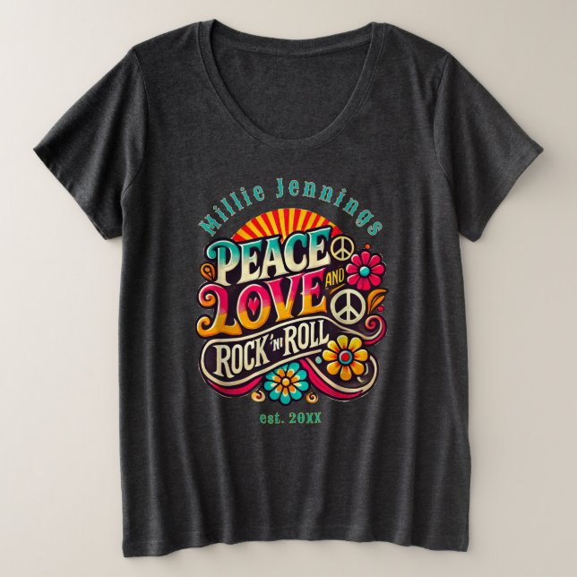 Peace Liebe RocknRoll Retro 70er Vintag Psychedeli Große Größe T-Shirt (Design vorne)