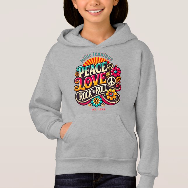 Peace Liebe RocknRoll Retro 70er Vintag Psychedeli Hoodie (Vorderseite)