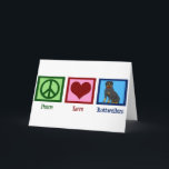 Peace Liebe Rottweilers Karte<br><div class="desc">Ein Friedensschild,  ein Herz und ein niedlicher Rotweiler.</div>