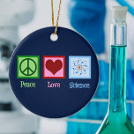 Peace Liebe Science Teacher Blue Christmas Keramik Ornament<br><div class="desc">Cooles Geschenk für einen Naturwissenschaftslehrer,  Wissenschaftler oder einfach nur einen Geek dieser Liebe,  um zu lernen,  wie die Welt funktioniert. Niedliche Peace Liebe Science Design mit einem Friedenszeichen,  Herz und Atom-Modell.</div>