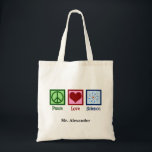 Peace Liebe Science Teacher Personalisiert Tragetasche<br><div class="desc">Cooles Geschenk für einen Naturwissenschaftslehrer,  Wissenschaftler oder einfach nur einen Geek dieser Liebe,  um zu lernen,  wie die Welt funktioniert. Niedliche Peace Liebe Science Design mit einem Friedenszeichen,  Herz und Atom-Modell.</div>