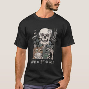 Peace Liebe Skull and Cat Halloween Skelett Lächel T-Shirt