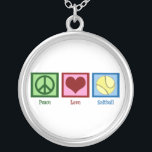 Peace Liebe Softball Versilberte Kette<br><div class="desc">Ein Friedenszeichen,  ein Herz und ein Softball. Ein niedliches Geschenk für einen Softballspieler.</div>