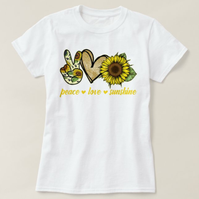 Peace Liebe Sunshine Goldenes Herz Sonnenblumen T-Shirt (Design vorne)