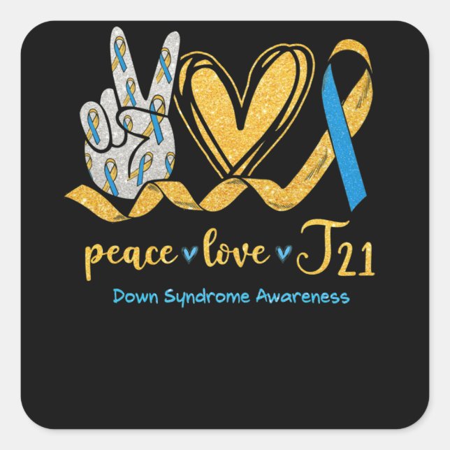 Peace Liebe T21 Blue Yellow Ribbon-Down-Syndrom Quadratischer Aufkleber (Vorderseite)