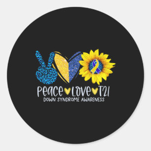 Peace Liebe T21 Blue Yellow Ribbon Down Syndrome A Runder Aufkleber