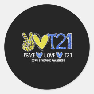 Peace Liebe T21 Blue Yellow Ribbon Down Syndrome A Runder Aufkleber