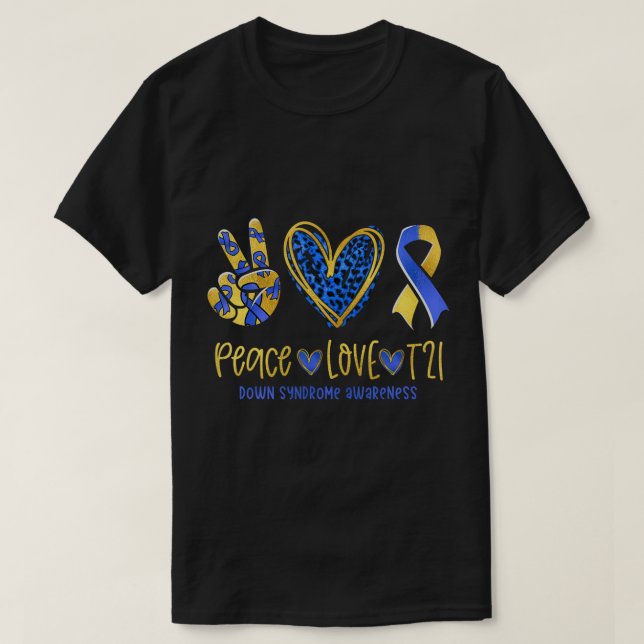 Peace Liebe T21 Blue Yellow Ribbon Down Syndrome A T-Shirt (Design vorne)
