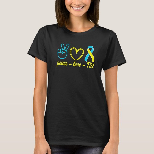 Peace Liebe T21 Yellow Blue Ribbon Down Syndrome A T-Shirt (Vorderseite)