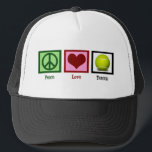 Peace Liebe Tennis Truckerkappe<br><div class="desc">Sind Sie Tennisprofi an Ihrer High School oder Uni? Zeig es ab!</div>