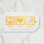 Peace Liebe Theater Company Custom Christmas Gold Geschenkanhänger<br><div class="desc">Wunderschönes Theater oder Drama Club Goldfolie-Geschenk-Tag mit einem hübschen Friedenszeichen,  Herz,  und die glücklichen und traurigen Drama Masken von Schauspiel. Peace Liebe Theater Weihnachtsmarken.</div>