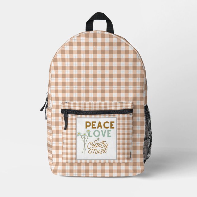 Peace Liebe und Country Music Gingham Bedruckter Rucksack (Vorderseite)