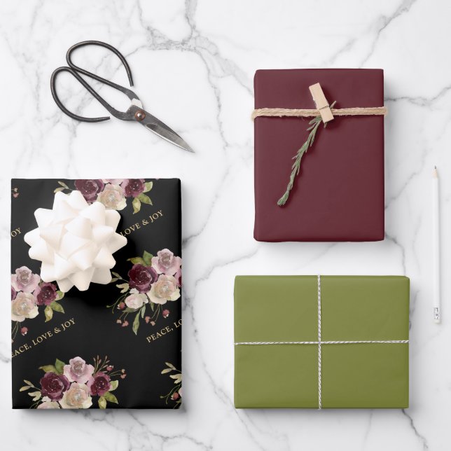 Peace Liebe und Joy Winter Bouquet Black Holiday Geschenkpapier Set (Vorderseite)