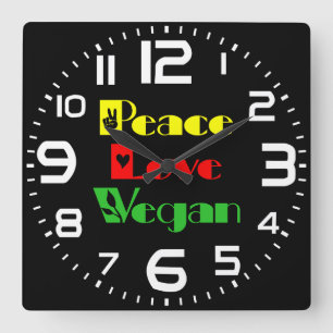 PEACE LIEBE VEGAN Cool, Retro Quadratische Wanduhr