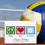 Peace Liebe Volleyball individuell anpassbar Feiertagskarte<br><div class="desc">Ein Friedensschild,  ein Herz und ein hübscher Volleyball auf einer niedlichen Urlaubskarte. Ich Liebe Volleyball,  Strand,  drinnen,  du nein! Hübsche Volleyballmannschaft Weihnachtskarten für einen glücklichen Urlaub mit Ihren Mitspielern oder Coach.</div>