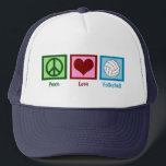 Peace Liebe Volleyball Truckerkappe<br><div class="desc">Ein Friedensschild,  ein Herz und ein hübscher Volleyball auf einem blauen Platz. Ich Liebe Volleyball,  Strand,  drinnen,  du nein!</div>