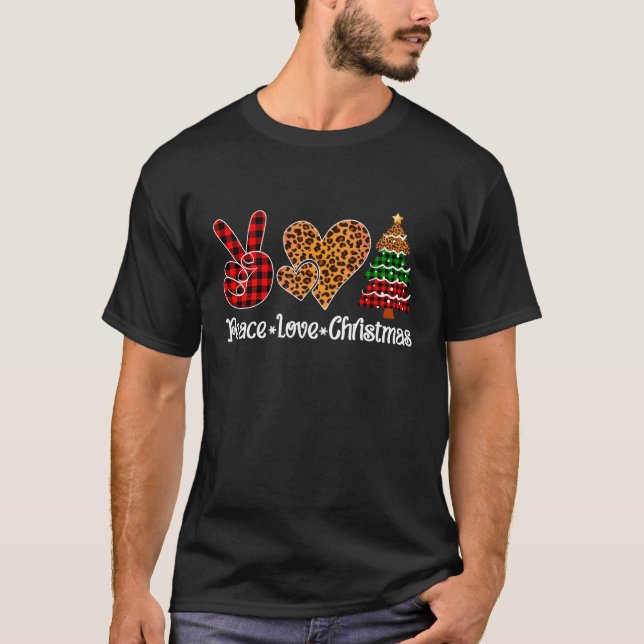 Peace Liebe Weihnachtsbaum Kariert Leopard Print T-Shirt (Vorderseite)
