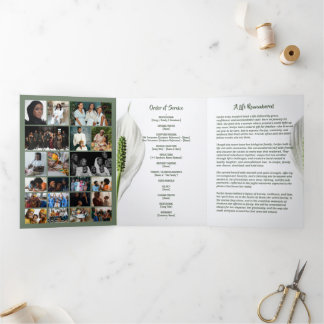 Peace Lily Photo Collage Tri‑Fold Funeral Template Dreifach-gefaltete Programmkarte