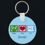 Peace Love 50th Birthday Cute Party Schlüsselanhänger<br><div class="desc">Cute fiftieth birthday personalized keychain gift in blue for someone over the hill.</div>