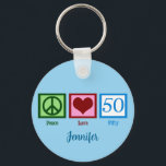 Peace Love 50th Birthday Cute Party Schlüsselanhänger<br><div class="desc">Cute fiftieth birthday personalized keychain gift in blue for someone over the hill.</div>