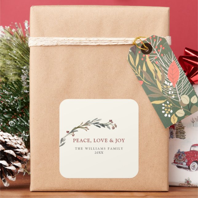 Peace Love and Joy Red Berries Greenery Holiday Quadratischer Aufkleber (Feiertag)