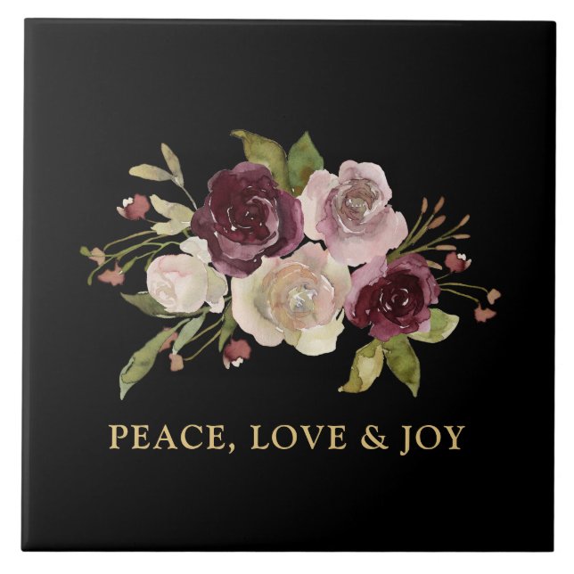 Peace Love and Joy Winter Bouquet Black Holiday Fliese (Vorderseite)