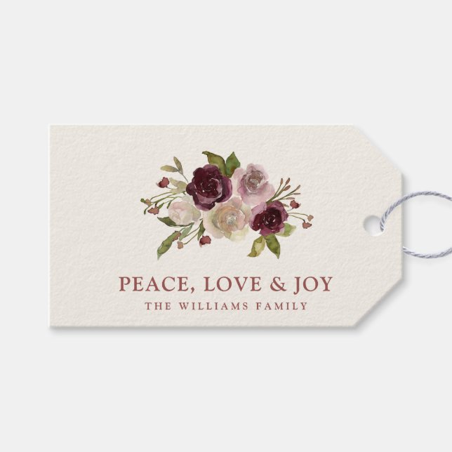 Peace Love and Joy Winter Bouquet Black Holiday Geschenkanhänger (Vorderseite (Horizontal))