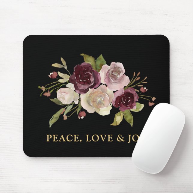 Peace Love and Joy Winter Bouquet Black Holiday Mousepad (Mit Mouse)