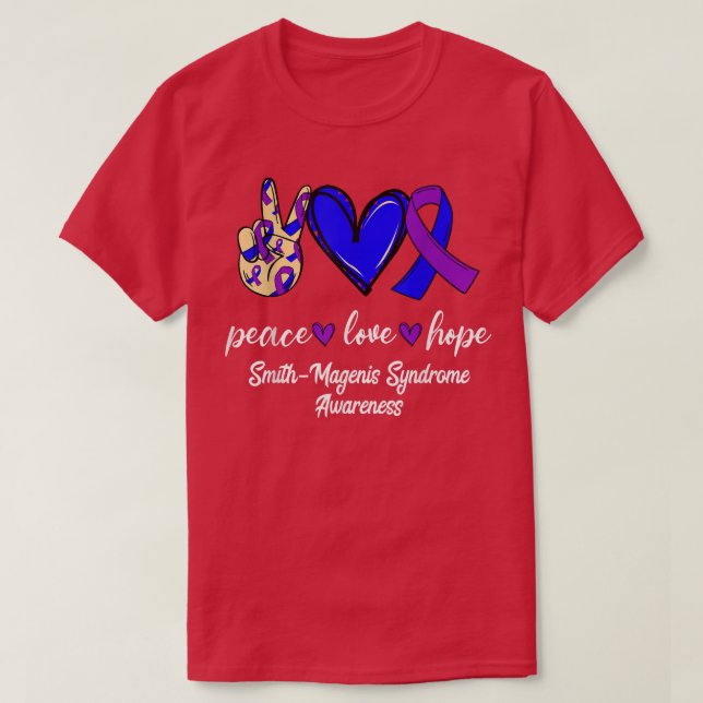 Peace Love Cure Smith-Magenis Syndrome Purple Blue T-Shirt (Design vorne)