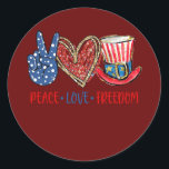 Peace Love Freedom America flag USA 4th of July Runder Aufkleber<br><div class="desc">Peace Love Freedom America flag USA 4th of July men women Gift. Perfect gift for your dad,  mom,  papa,  men,  women,  friend and family members on Thanksgiving Day,  Christmas Day,  Mothers Day,  Fathers Day,  4th of July,  1776 Independent day,  Veterans Day,  Halloween Day,  Patrick's Day</div>