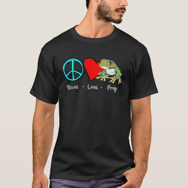 Peace, Love, Frogs Green frog saying with tree fro T-Shirt (Vorderseite)